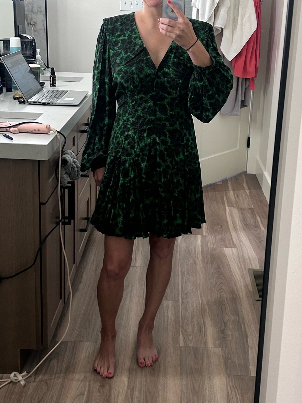 RHODE Green Printed V-Neck Long Sleeve Mini Dress; Wendy Dress - Picture 2 of 5